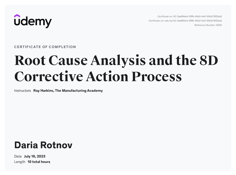 Certificate Root cause analysis and the 8d corrective action